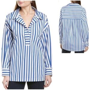 St John Blue White Striped Poplin Tunic Top Size 0 VNeck Coastal Beach Luxury